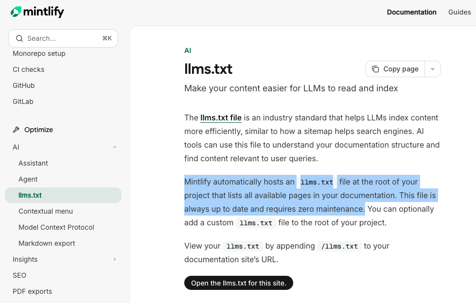 Screenshot of Mintlify's documentation showing the out-of-hte-box support for LLMs.txt