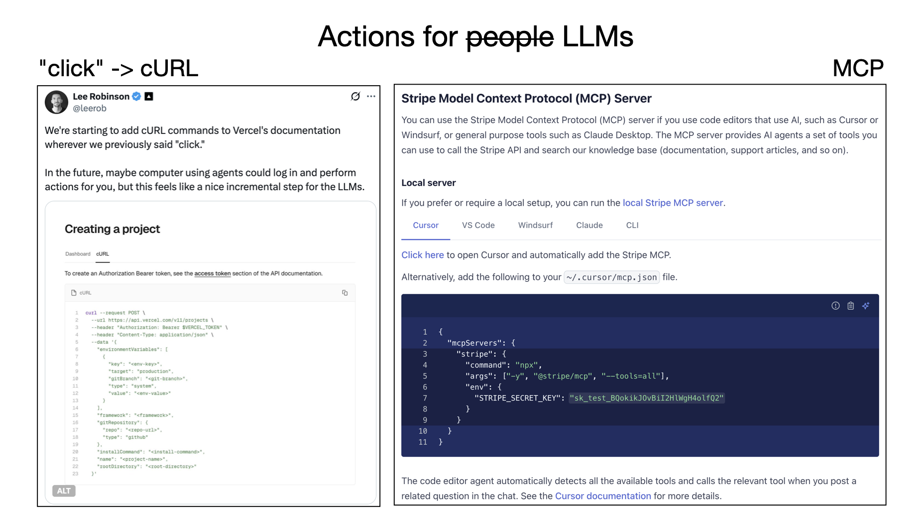 Screenshot of a slide from Andrej Karpathy's presentation titled "The Solution" showing code examples of API-based setup with curl commands and configuration files, demonstrating how agent-friendly tools can be provisioned programmatically without manual user interaction