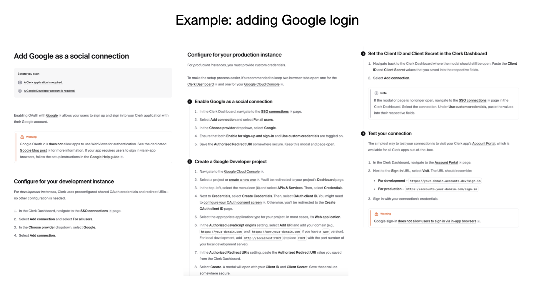 Screenshot of a slide from Andrej Karpathy's YC Startup School presentation with the title "The Problem" showing Clerk authentication setup interface with multiple buttons, dropdown menus, and configuration options that require extensive manual clicking, demonstrating why this approach is difficult for AI agents to automate